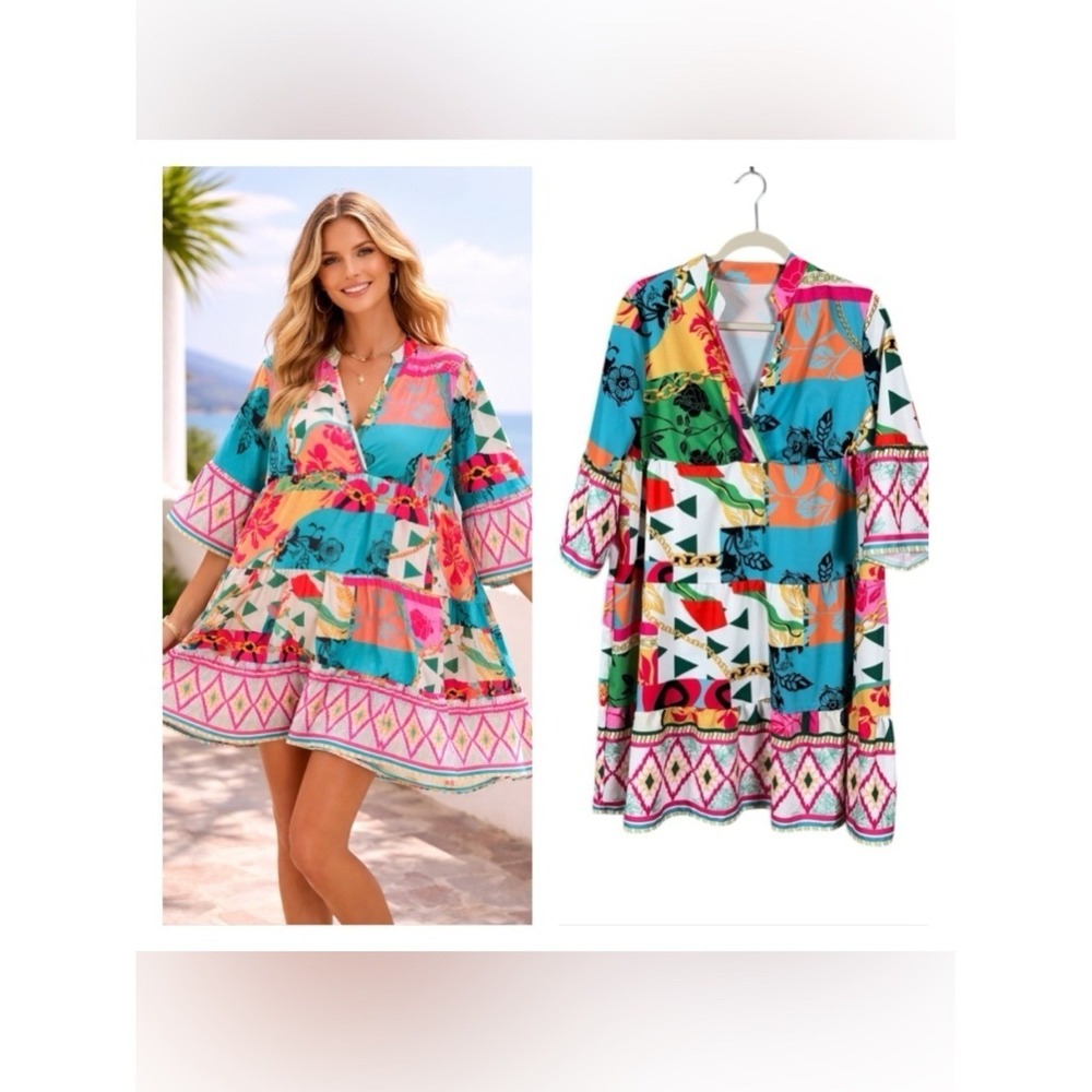 Bohemian Floral Patchwork Dress Size Large Beachy Coastal Resort Cottage Retro